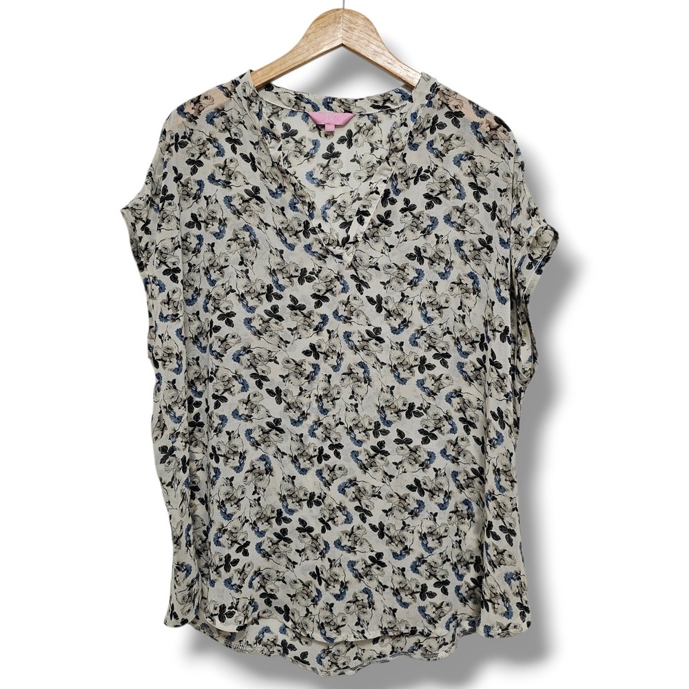 Regina X Top‎ 3XL Womens Ivory Blue Floral V-Neck Semi-Sheer Chiffon Lightweight